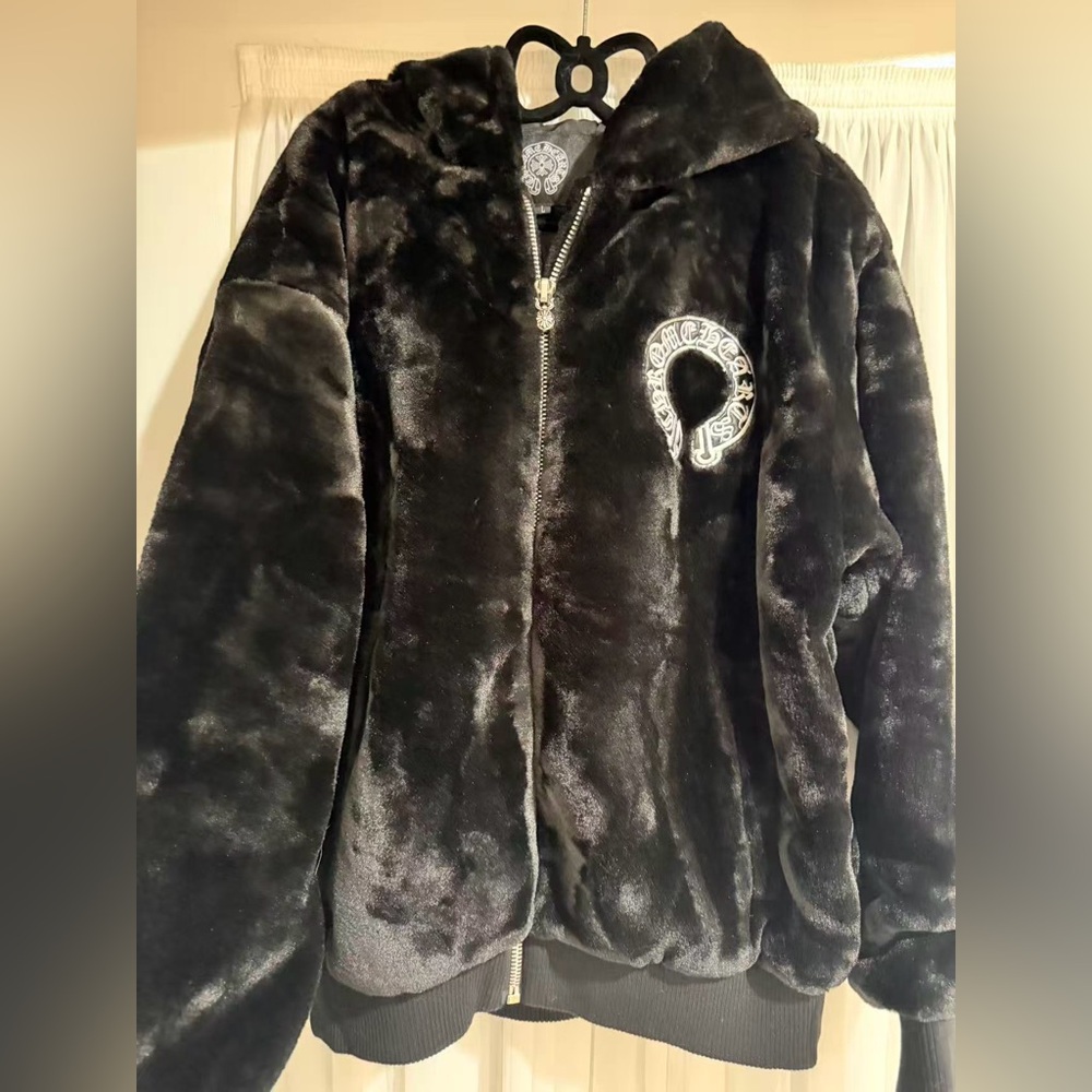 Black Faux Fur Zip-Up Hoodie with Embroidered Crest